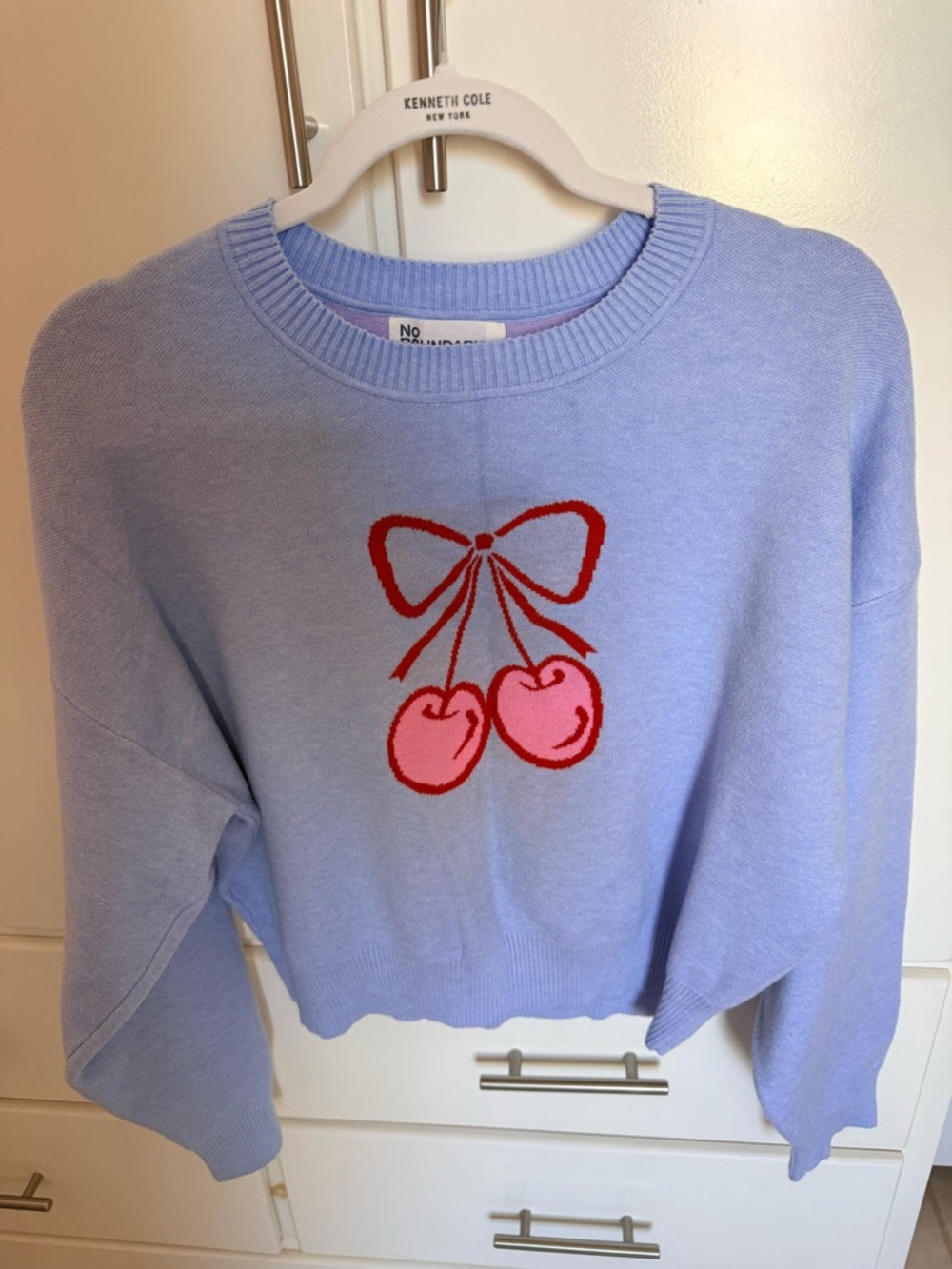 Light Blue Sweater with Pink Cherry Motif